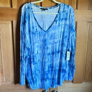 INC International Concepts Blue Tie-Dye V-Neck Long Sleeve Top